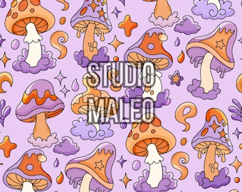 Groovy Purple Orange Mushrooms Psychedelic Fantasy Seamless Repeat Pattern for Fabric Sublimation