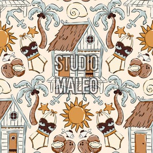 May include: A repeating pattern featuring beach huts, palm trees, coconuts, and swimwear in shades of brown, beige, and blue. The text "STUDIO MALEO" is visible. The design evokes a tropical vacation theme.
