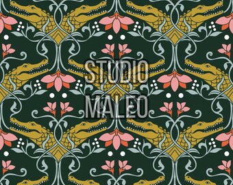 Art Nouveau Crocodile Floral Alligator Dark Green Pink Maximalist Ornate Design Seamless Repeat Pattern for Fabric Sublimation
