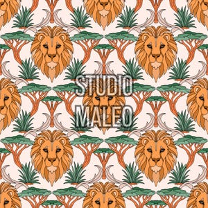 Savannah Lion Safari Art Nouveau Vector Jungle Wildlife Lion King Seamless Repeat Pattern for Fabric Sublimation