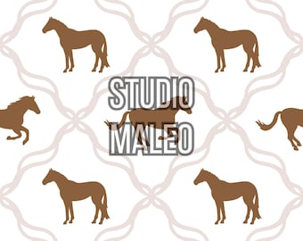 Brown Horse Silhouettes with Flowing Lines Large Animal Print Seamless Repeat Pattern for Fabric Sublimation