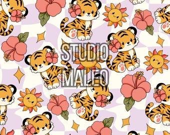 Cute Tiger Hibiscus Flower Summer Sun Seamless Repeat Pattern for Fabric Sublimation