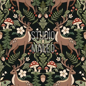 Dark Woodland Deer Seamless Pattern, Vintage Folk Art Forest with Mushrooms, Digital Download