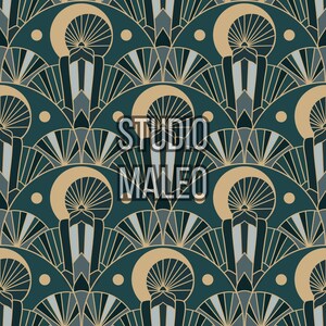 Peut inclure: Motif Art Déco répété en teal, beige et gris. Le motif présente des formes en éventail, des arches et des éléments géométriques. Le texte "STUDIO MALEO" est superposé au motif. L'esthétique générale est vintage et élégante.