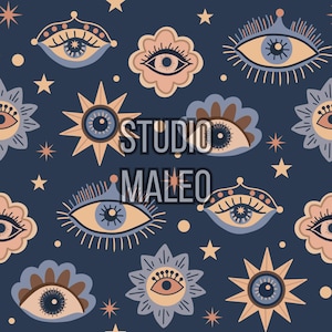 May include: A dark blue fabric pattern featuring repeating illustrations of eyes in various shapes, including sunbursts, flowers, and lashes, in shades of peach, light blue, and brown, with small stars and dots. The text STUDIO MALEO is centered.