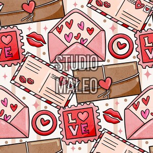 May include: A seamless pattern featuring Valentine's Day elements. The design includes pink and brown envelopes, red heart stamps, lips, and hearts. The text "STUDIO MALEO" is visible. The background has a striped pattern with pink stars.