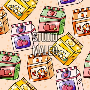 Peut inclure: Un motif répétitif de boîtes de jus avec des illustrations de fruits, notamment des pommes, des oranges et des citrons. Les boîtes sont de différentes couleurs, comme l'orange, le vert et le jaune, avec le texte "STUDIO MALEO" superposé.