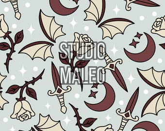 Romantasy Seamless Pattern PNG Dragon Wings Daggers Roses Moons Book Lover