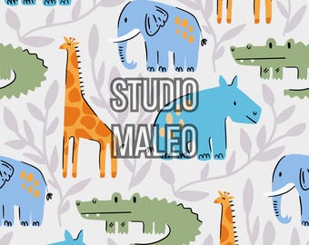Colorful Jungle Animals with Elephants Giraffes Hippos and Crocodiles for Kids and Nursery Seamless Repeat Pattern for Manufacturing Sublimation