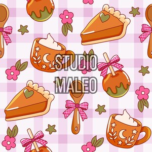 Carta digitale con motivo senza cuciture a torta di zucca rosa, decorazioni a quadretti autunnali e fiocchi.