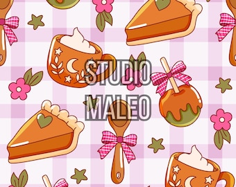 Pink Pumpkin Pie Seamless Pattern Fall Baking Gingham Bows Digital Paper