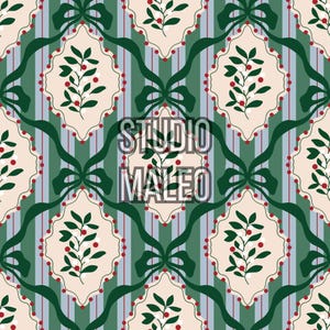 Peut inclure: Motif répété avec des rubans verts, des nœuds et des éléments floraux sur un fond rayé. Le motif comprend le texte "STUDIO MALEO" en blanc et est disposé symétriquement.