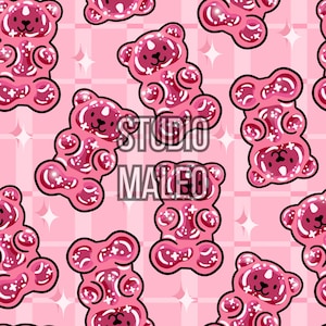 Peut inclure: Motif répété d'illustrations d'oursons en gélatine roses avec des reflets blancs et des contours noirs sur un fond à carreaux rose clair. Le texte "STUDIO MALEO" est superposé à l'image.