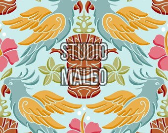 Vintage Tiki Birds and Hibiscus Floral Tropical Retro Art Nouveau Mid Century Style Seamless Repeat Pattern for Fabric Sublimation