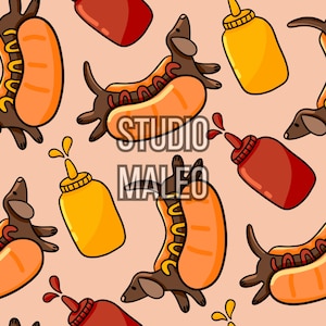 May include: A repeating pattern of cartoon dachshunds in hot dog buns, mustard bottles, and ketchup bottles on a light peach background. The text "STUDIO MALEO" is in the center of the image.