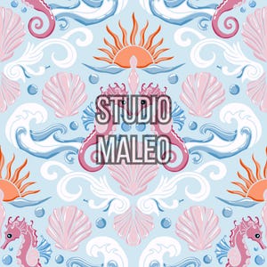 Ornate Art Nouveau Seahorse and Seashell Coastal Beach House Pastel Pink Blue Summer Nautical Seamless Repeat Pattern for Fabric Sublimation