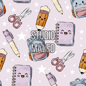 Watercolor School Supplies Back to School Backpack Pencil Scissors Notebook Stars Cute Seamless Repeat Pattern for Fabric Sublimation