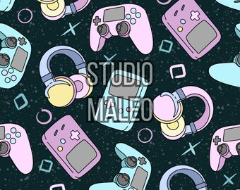 Pastel Game Controllers Gameboys and Headphones in Kawaii Style Seamless Repeat Pattern for Fabric Sublimation