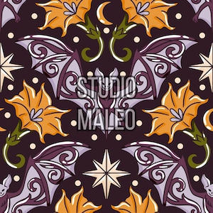 Gothic Bat and Moonflower Dark Floral Halloween Spooky Witchy Aesthetic Seamless Repeat Pattern for Fabric Sublimation