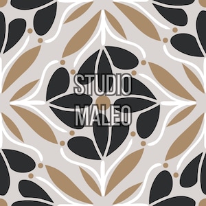 Peut inclure: Motif répété avec des éléments floraux stylisés en noir, beige et blanc sur un fond gris clair. Le motif comprend le texte "STUDIO MALEO" en gras, sans empattement, centré dans le motif.