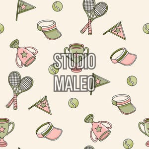 May include: A repeating pattern on a cream background featuring tennis rackets, tennis balls, pink and green trophies, visors, and triangular pennants with stars. The text STUDIO MALEO is centered in the middle of the image in a bold gray font.