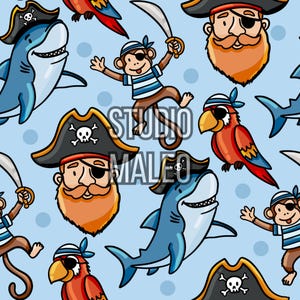 Nyckfull piratbesättning haj apa papegoja Jolly Roger skattkarta bakgrund sömlös upprepa mönster för tyg sublimering