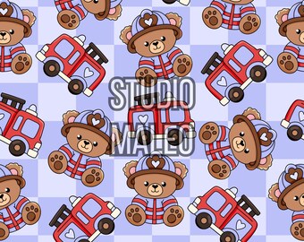 Blue Firefighter Bear Seamless Pattern