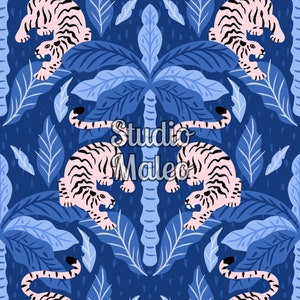 Peut inclure: Un motif sans couture représentant des tigres roses et noirs, des palmiers bleus et des feuilles bleues sur un fond bleu foncé. Le motif est répété sur toute l'image.