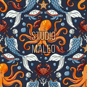 Watercolor Nautical Octopus Mermaid Tail and Sea Turtle Symmetrical Marine Illustration Seamless Repeat Pattern for Fabric Sublimation