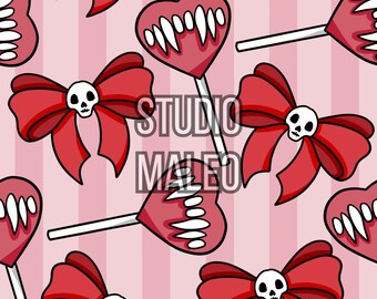 Dark Pink Gothic Valentine Skull Bow and Vampire Heart Lollipop Seamless Repeat Pattern for Fabric Sublimation