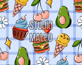 Doodle Food Picnic Burger Ice Cream Avocado Gingham Blue Pink Summer Treats Whimsical Seamless Repeat Pattern for Fabric Sublimation