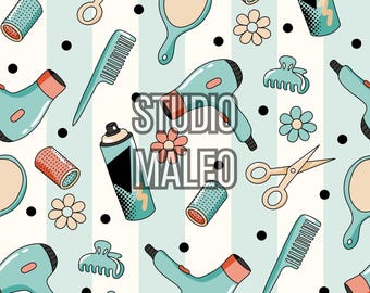 Hair Salon Hairdresser Tools Barber Shop Theme Pastel Retro Aesthetic Graphics Scrapbooking Seamless Repeat Pattern for Fabric Sublimation