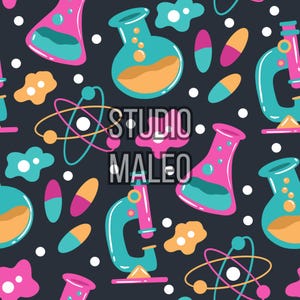 May include: A repeating pattern featuring science-themed illustrations. The design includes colorful beakers, microscopes, atom models, and pills in shades of pink, teal, and orange against a dark background. The text "STUDIO MALEO" is overlaid on the design.