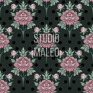 Peut inclure: Motif répété de pivoines roses stylisées, de boutons et de feuilles vertes sur un fond vert foncé avec des pois noirs. Le texte "STUDIO MALEO" est superposé au motif.