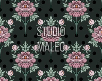 Moody Art Deco Pink Peony and Dark Polka Dot Vintage Botanical Seamless Repeat Pattern for Fabric Sublimation