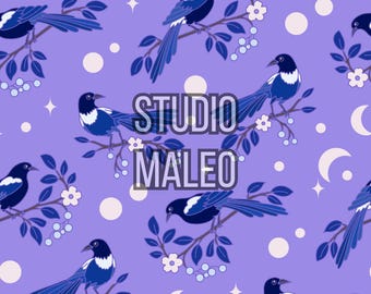 Celestial Magpie Seamless Pattern Purple Bird Moon Stars Digital Download