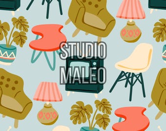Retro Mid Century Modern Furniture Home Decor Illustration Monstera Plant Vintage Living Room Seamless Repeat Pattern for Fabric Sublimation