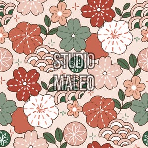 Peut inclure: Un motif répétitif sur fond rose clair représentant des fleurs stylisées dans des tons rouge, blanc, rose et vert sauge, entremêlées de feuilles vertes et de motifs en arc de cercle. Le texte STUDIO MALEO est centré en blanc.