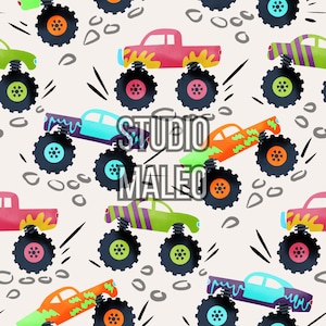 Peut inclure: Un motif sans couture représentant des monster trucks colorés avec différentes peintures et designs. Les camions ont de grandes roues et sont placés sur un fond blanc avec des points gris.