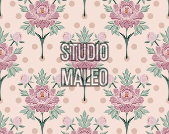 Moody Art Deco Pink Peony and beige Polka Dot Vintage Botanical Seamless Repeat Pattern for Fabric Sublimation