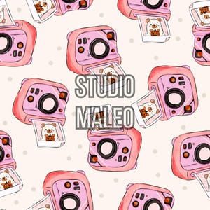 Pink Instant Camera Spooky Bear Ghost Pumpkin Halloween Watercolor Illustration Hand Drawn Seamless Repeat Pattern for Fabric Sublimation