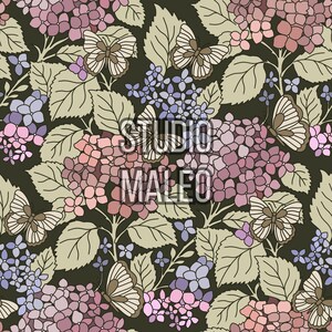 Hydrangea Butterfly Vintage Botanical Dark Floral Seamless Repeat Pattern for Fabric Sublimation