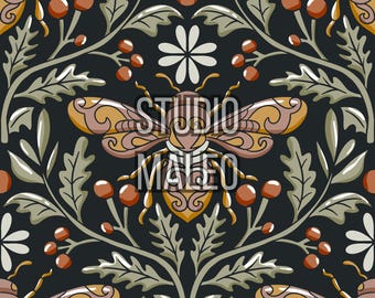 Art Nouveau Bee and Botanical Moth Vintage Cottagecore Dark Floral Illustration Seamless Repeat Pattern for Fabric Sublimation