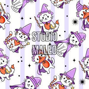 Witch Cat Wizard Kitten Magic Purple Stripes Spooky Cute Halloween Magical Illustration Seamless Repeat Pattern for Fabric Sublimation