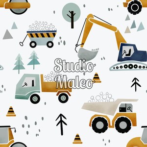 Seamless pattern for fabric sublimation, scrapbooking, stationery, mugs, book sleeve etc. Trucks on construction site, kid pattern
