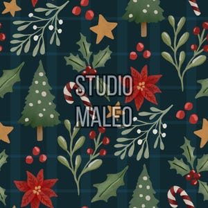 May include: A repeating pattern featuring Christmas elements like trees, holly, candy canes, stars, and poinsettias. The design is set against a dark blue plaid background. The text "STUDIO MALEO" is overlaid on the design.