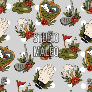 Neo Trad Tattoo Golf Seamless Repeat Pattern for Fabric Sublimation