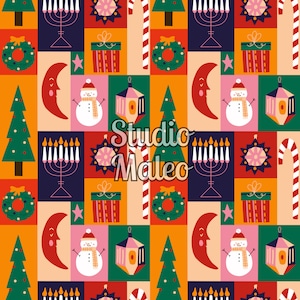 Peut inclure: Un motif sans couture présentant une variété de symboles de fêtes, notamment une menorah, un sapin de Noël, un bonhomme de neige, une canne en sucre, une couronne, une étoile, une lune croissante, une lanterne et une boîte cadeau. Le motif est placé sur un fond de carrés orange, rouge, vert, bleu et rose.