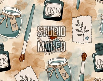 Watercolor Art Studio Supplies Crafty Aesthetic Boho Ink Paint Palette Journaling Wallpaper Seamless Repeat Pattern for Fabric Sublimation