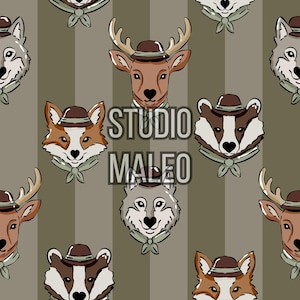 Peut inclure: Motif répété de têtes d'animaux de dessin animé, dont un cerf, un renard, un loup et un blaireau, tous coiffés de chapeaux et d'écharpes. Le fond est à rayures verticales. Le texte "STUDIO MALEO" est au centre.